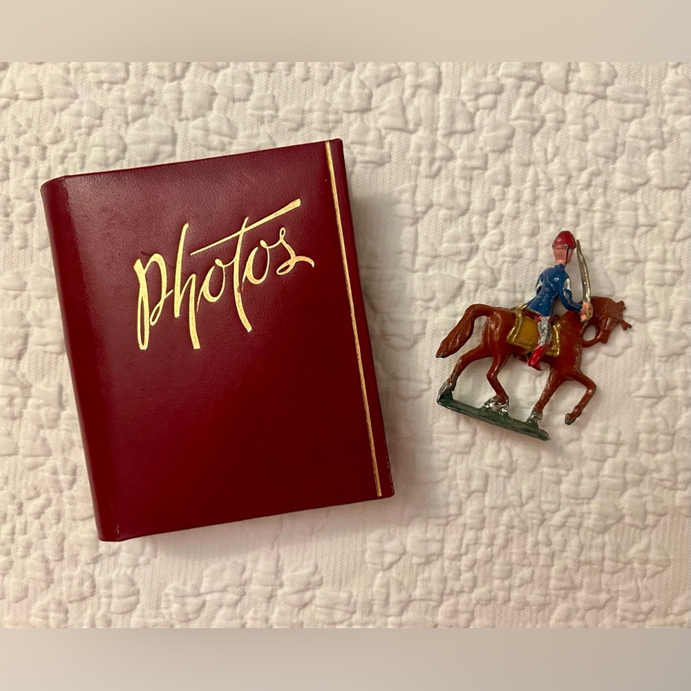 Antique Miniature Photo Album And Iron Horse With Rider